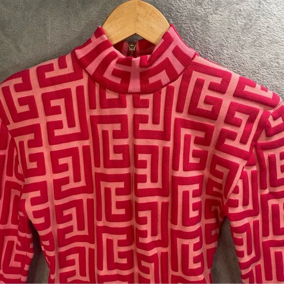 Bodycon Mini Dress Women Large Hot Pink Jacquard Knit Fitted Going Out‎ Party - Picture 4 of 14